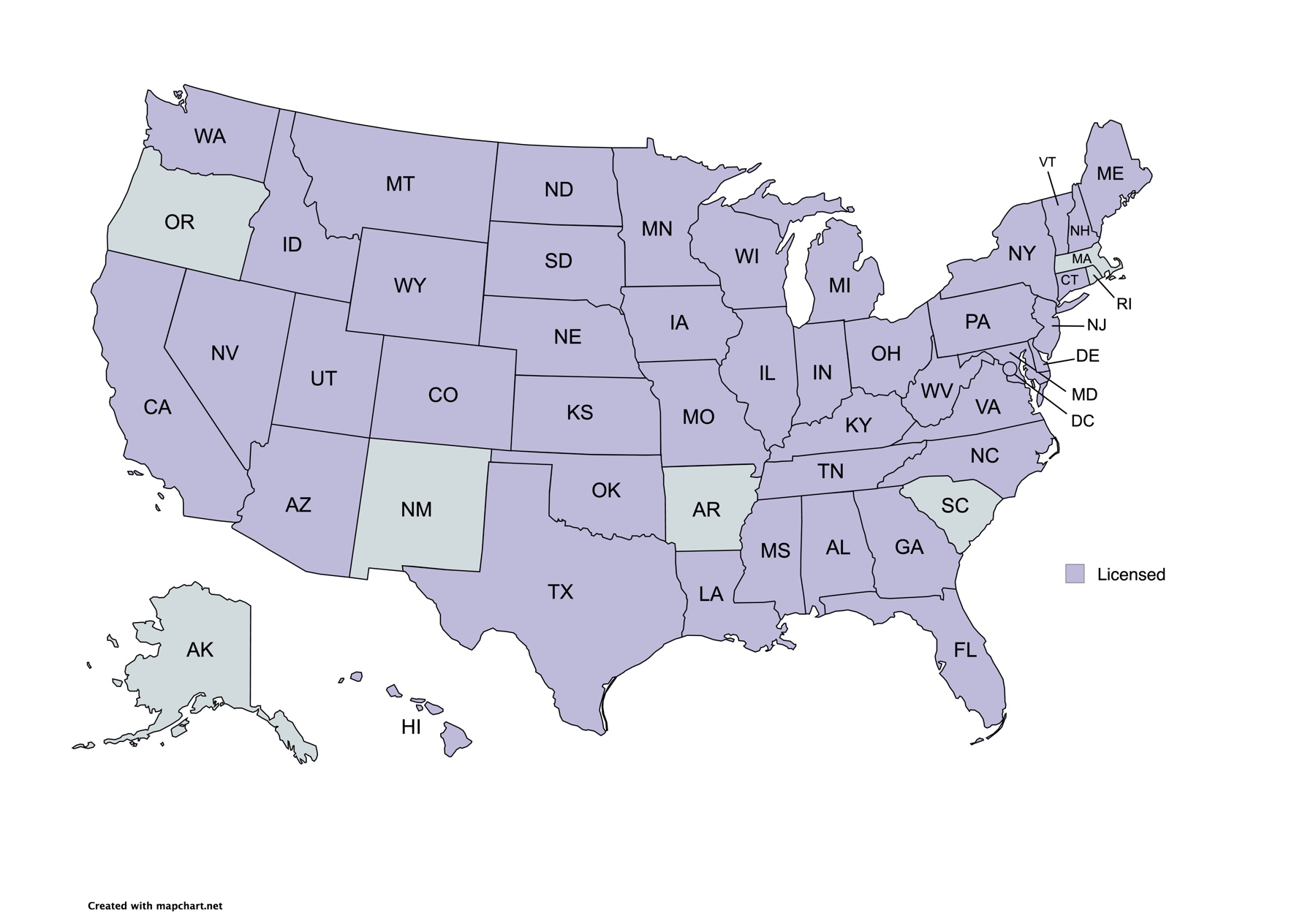 Map showing states where providers are licensed for telemedicine